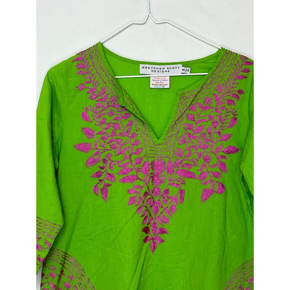 Gretchen Scott Styles Womens S Green Pink Embroidered 3/4-Sleeve Lightweight Top - Picture 9 of 9